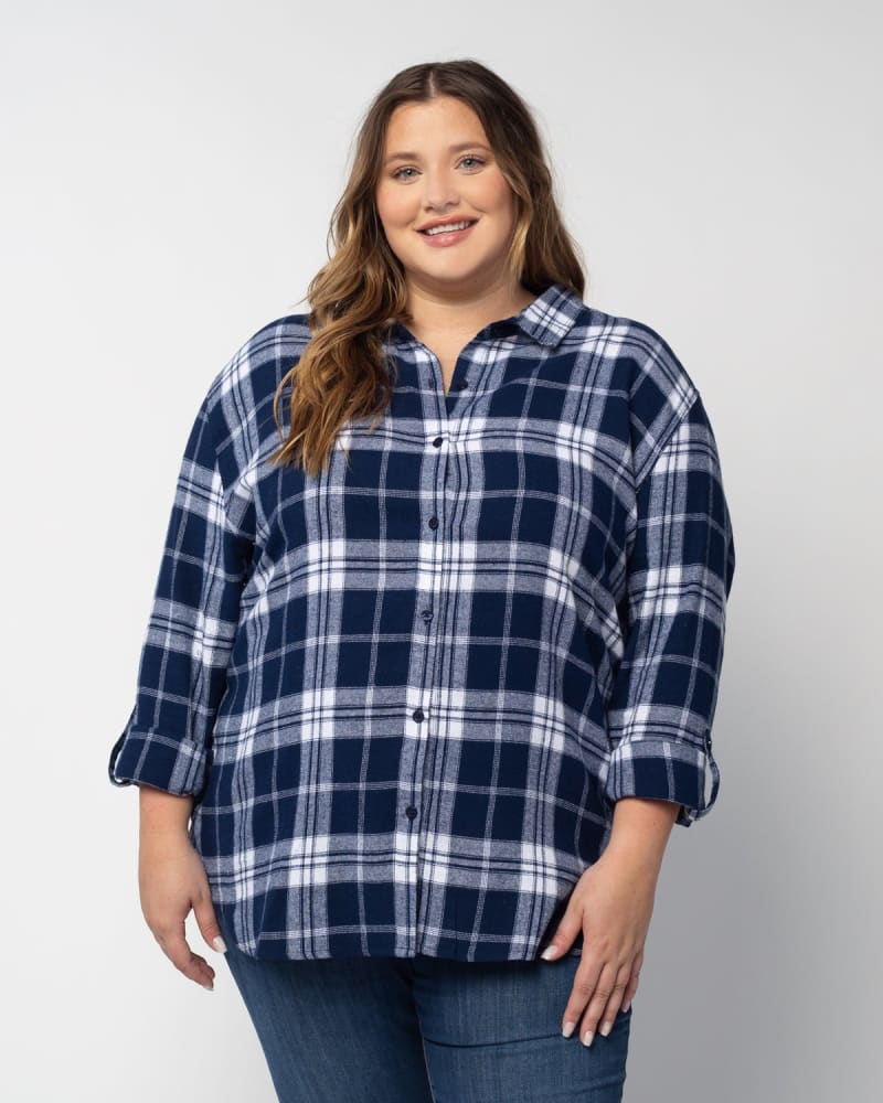 Front of a model wearing a size 1X Boyfriend Plaid in Navy by chicka-d. | dia_product_style_image_id:289374